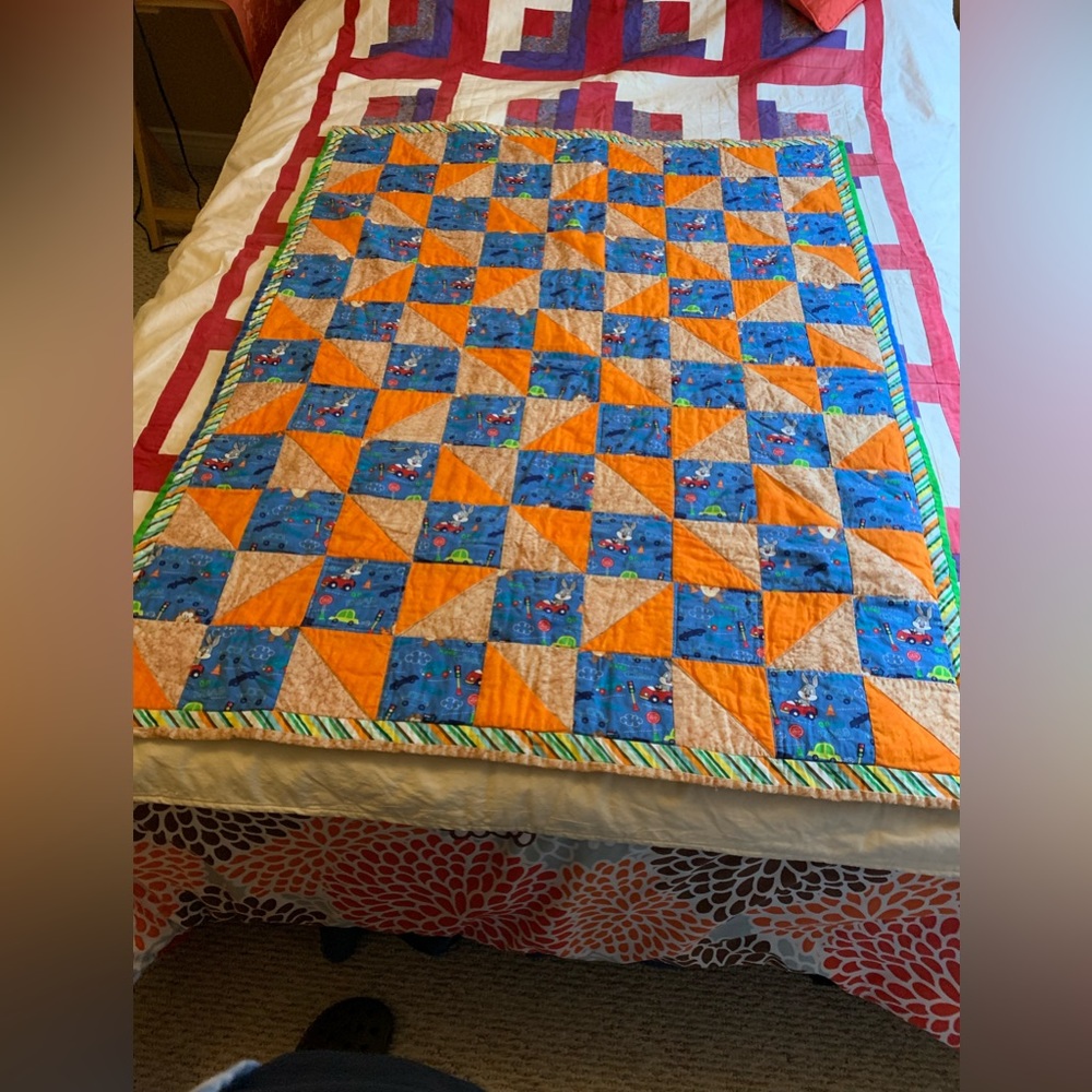 Orange, Blue and Green Baby Quilt 49”x38.5”